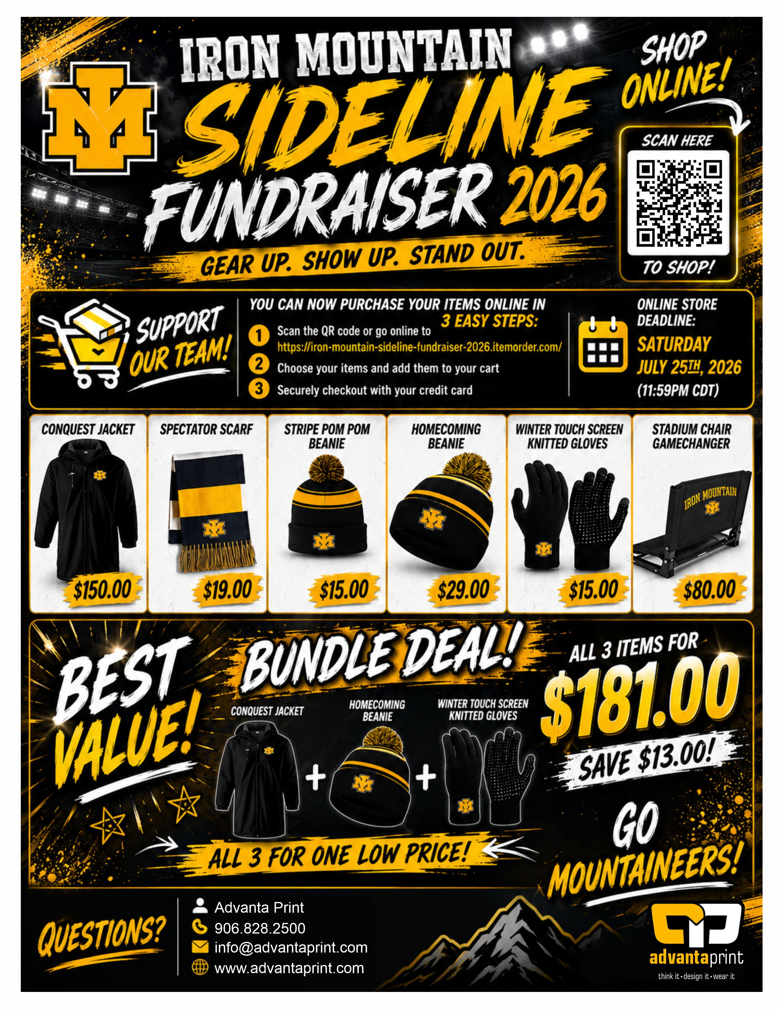 Promotional flyer for the Iron Mountain Sideline Fundraiser 2026, featuring the school's yellow and white "IM" block logo on a dark stadium background. The text reads "Gear Up. Show Up. Stand Out." It promotes an online store to purchase Mountaineers apparel and gear, with a deadline of Saturday, July 25th, 2026, at 11:59 PM CDT. Featured items include a Conquest Jacket ($150), Spectator Scarf ($19), Stripe Pom Pom Beanie ($15), Homecoming Beanie ($29), Knitted Gloves ($15), and a Stadium Chair ($80). A "Best Value" Bundle Deal includes the jacket, homecoming beanie, and gloves for $181, saving $13. Includes a QR code and website link to shop, and contact info for Advanta Print.